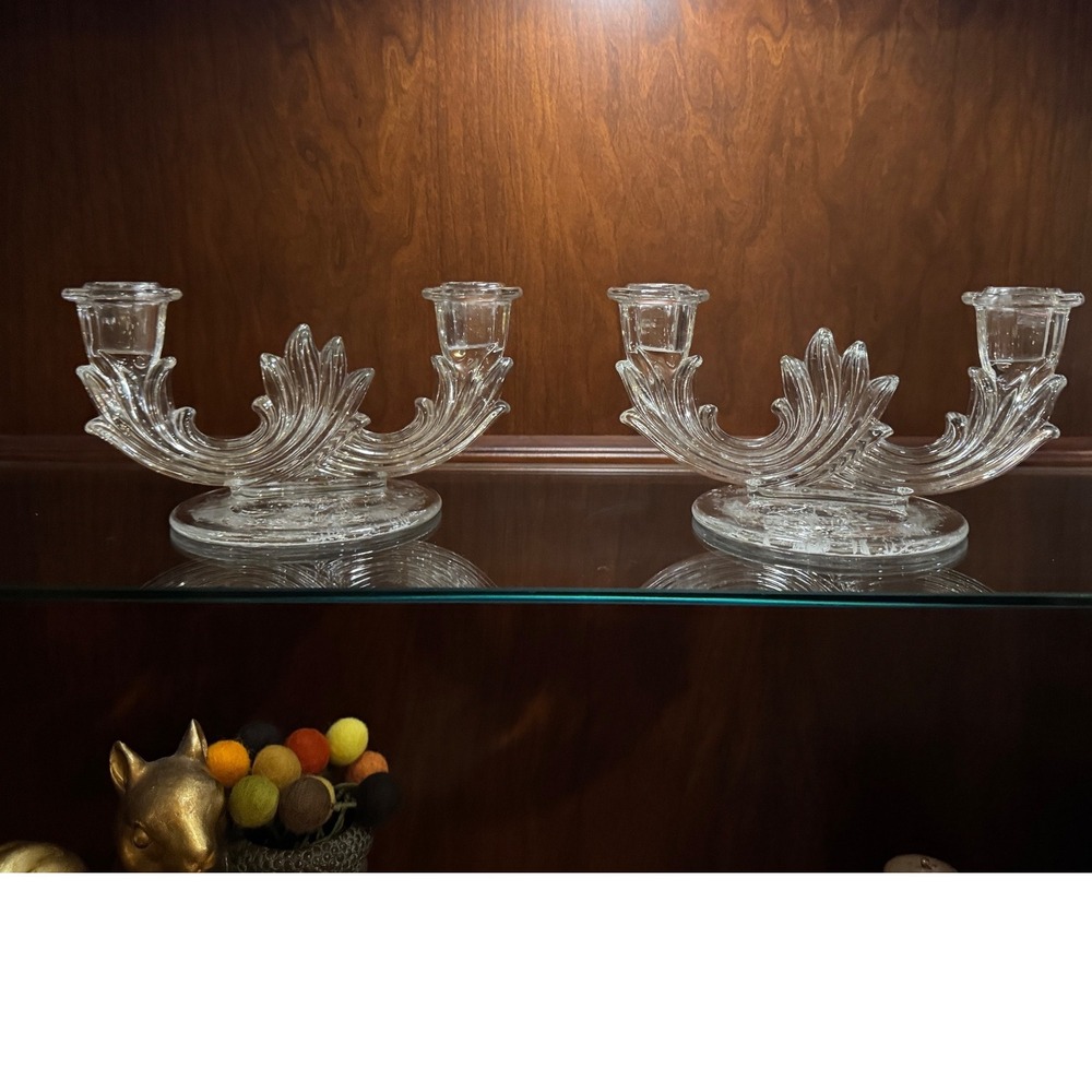 Fostoria‎ Chintz Etched Floral Crystal Double Arm Candlesticks Baroque Pair